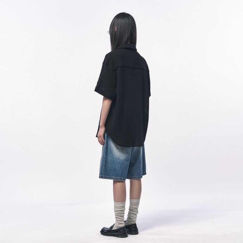 CROCHET KNIT HALF SHIRTS BLACK