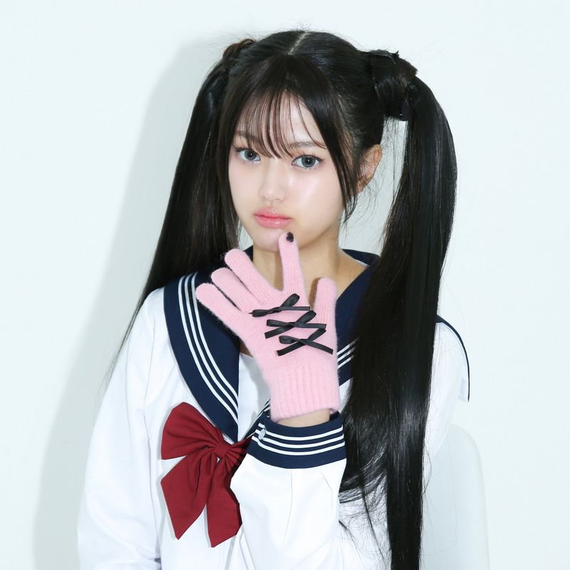0 4 ribbon knit gloves - PINK