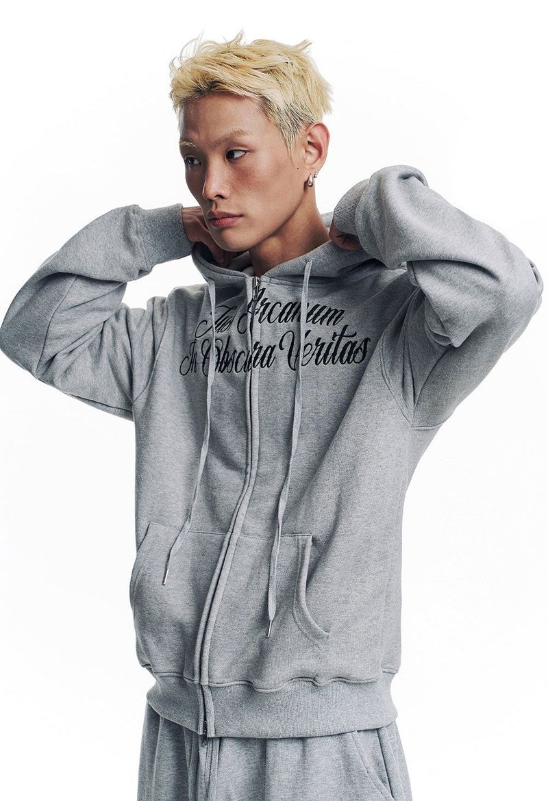 Lettering Embroidered Hoodie Zip-Up - Gray