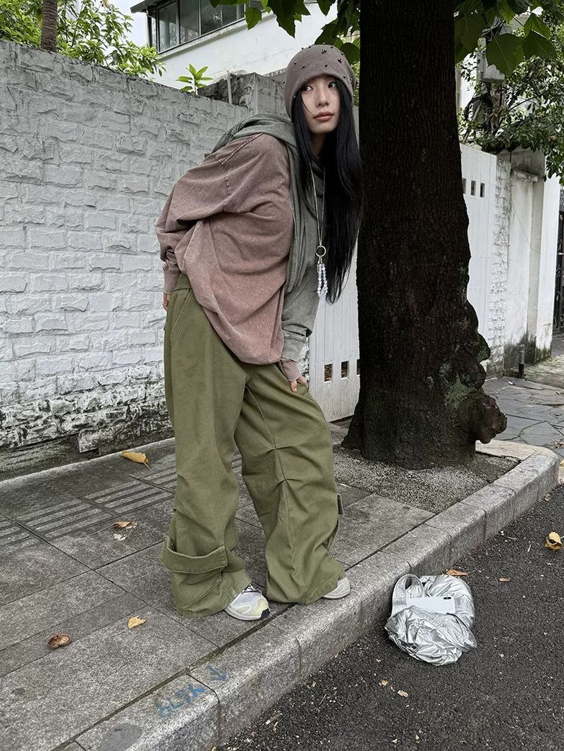 Khaki Cargo Wide Leg Straight Pants