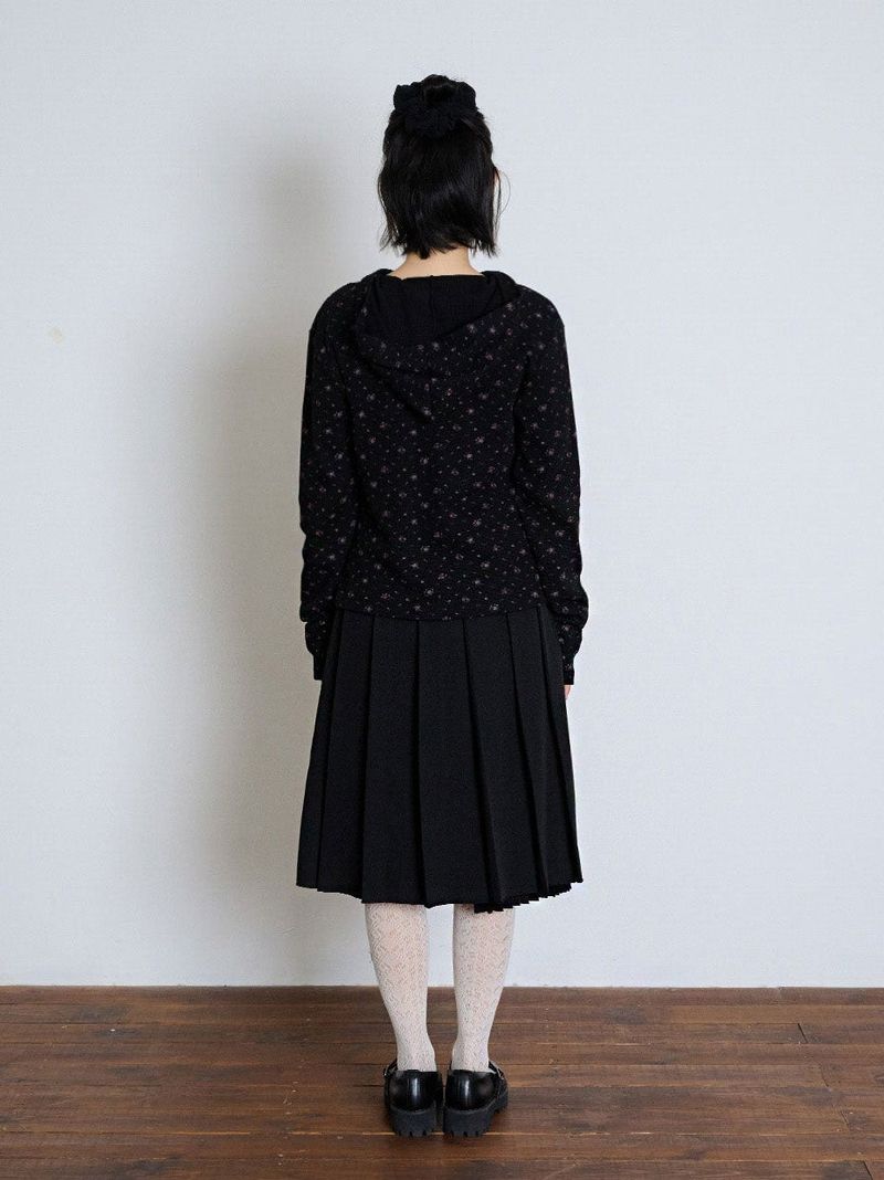 FLOWER WAFFLE BUTTON HOODIE - BLACK