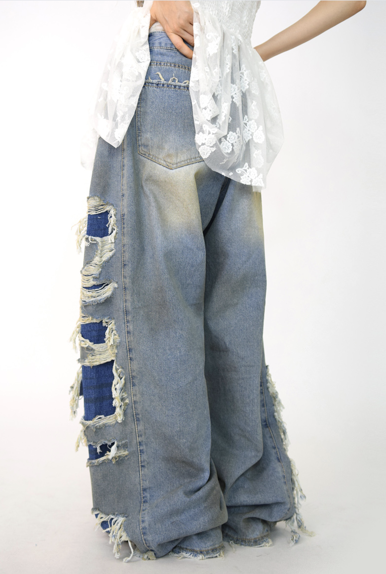 side dirty wide denim pants