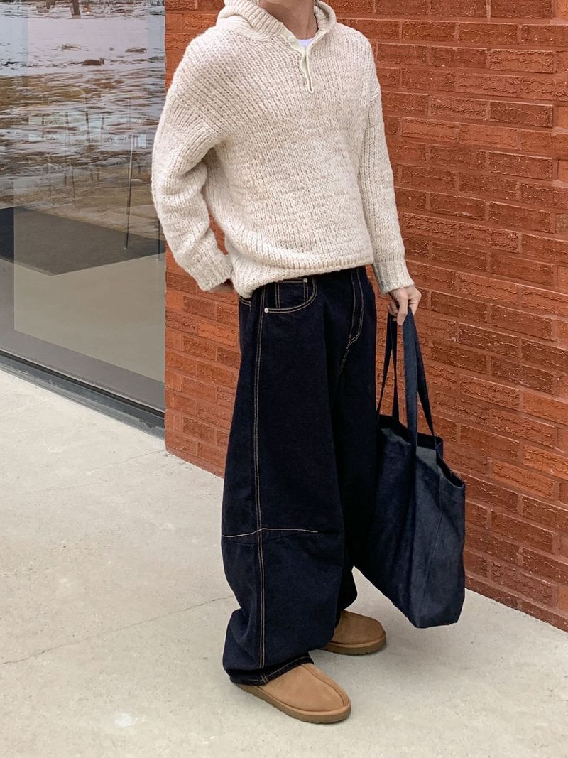 Bow henley neck hood knit