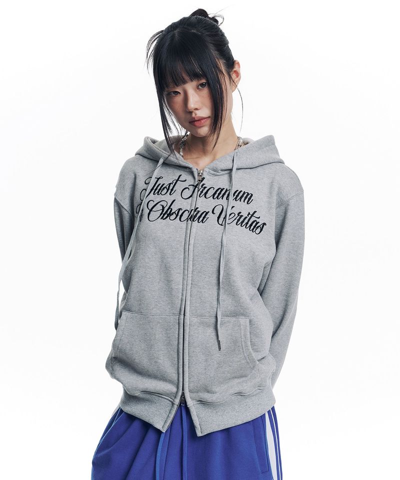 Lettering Embroidered Hoodie Zip-Up - Gray