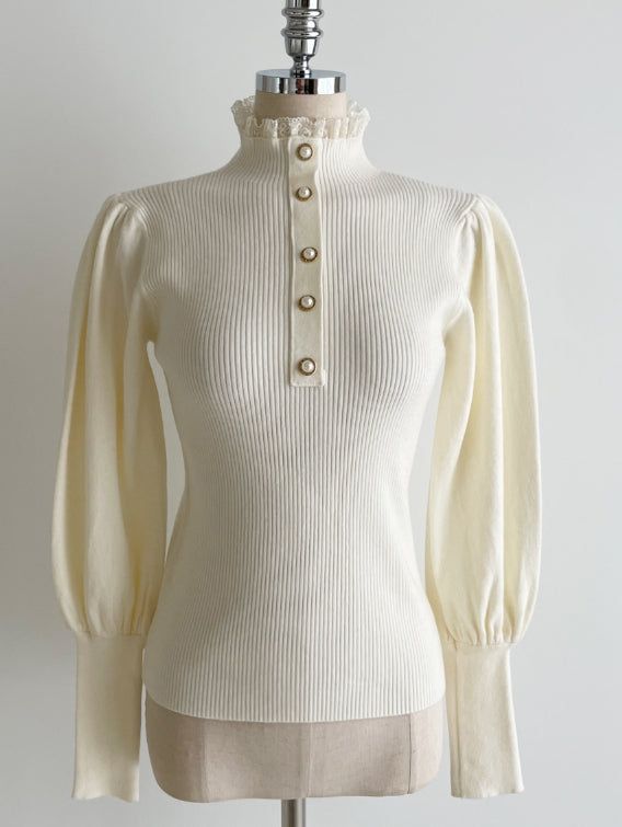 Levin Puff Pearl Button Frill Lace Turtleneck Knit