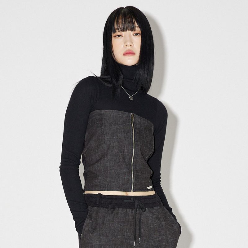 デニムニットブロックチューブトップ / Denim Knit Blocking Top [BLACK]