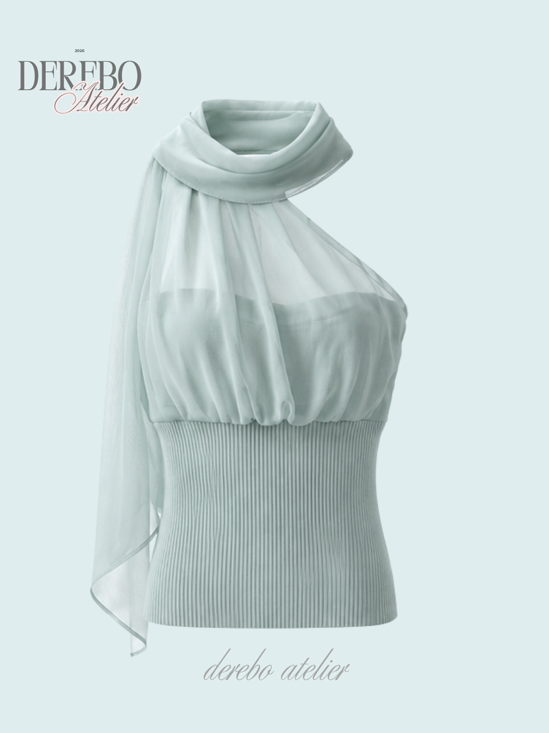 one-shoulder mint chiffon sleeveless top
