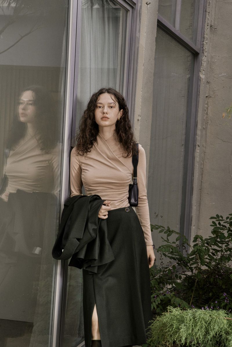 cle(クレ)の「WOOL TWILL SETUP SKIRT_DEEP KAHKI(Skirts)」