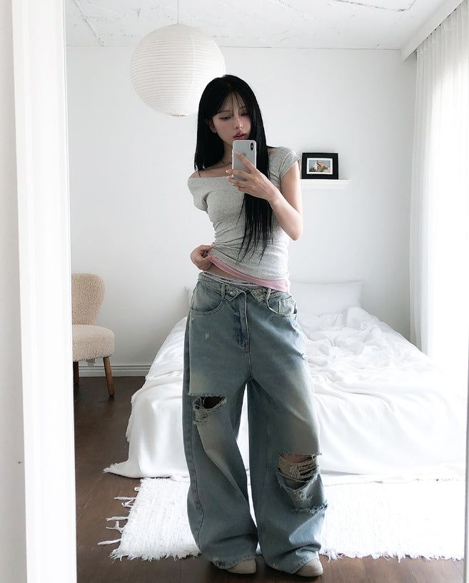 Coats Reverse Damage Wide Denim Pants