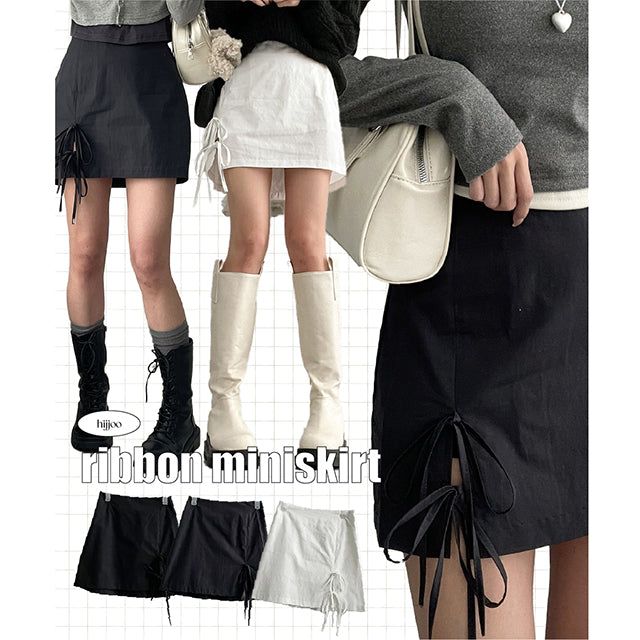 hijjoo(ハイチュー)の「Jeans Back-banded Ribbon String Mini-Skirt(Skirts)」
