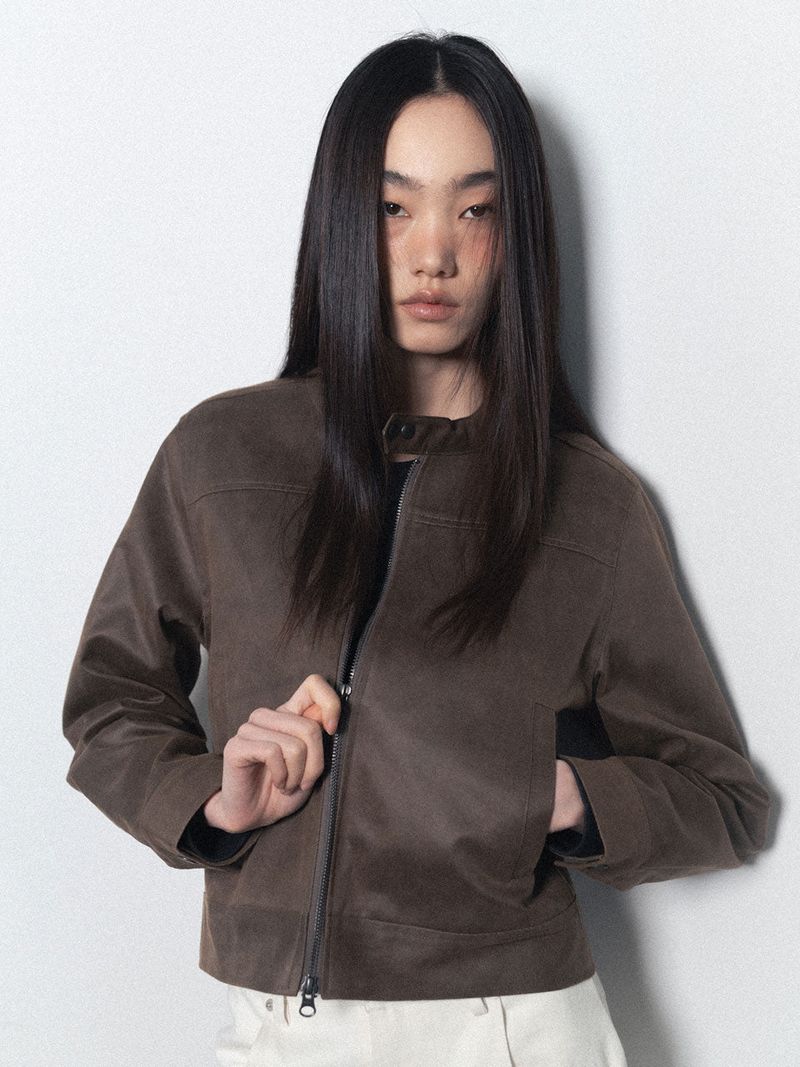 Crack Leather Biker Jacket_Beige
