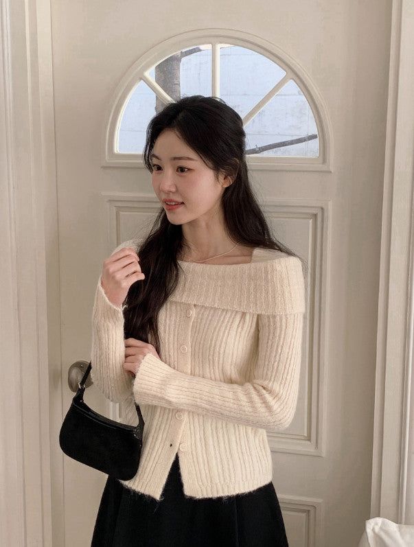 #Romantic Rib Off Shoulder Button Knit (3color)