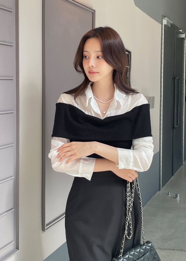 iam mari（アイアム マリ）の「Monta Color Matching Off-Shoulder Knit Layered Shirt（Tops）」