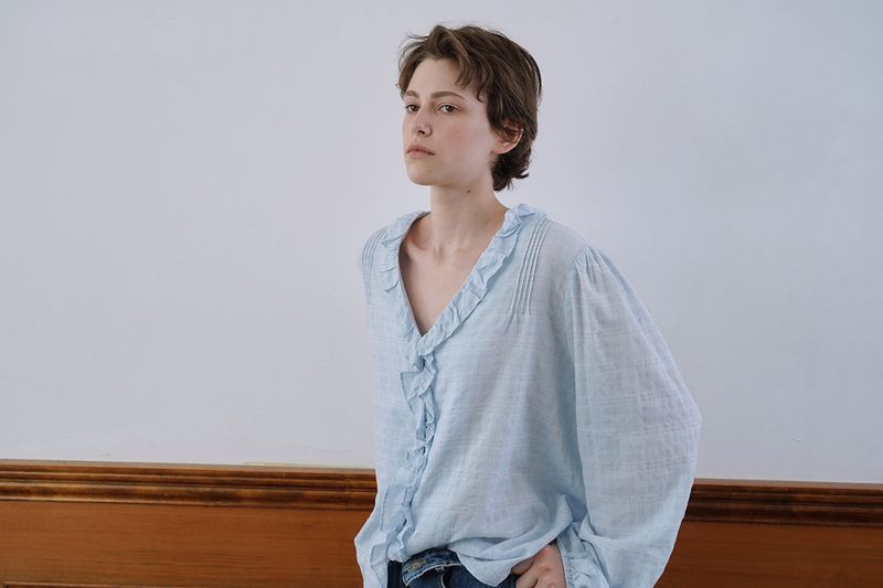 Ruffle shirring blouse_skyblue