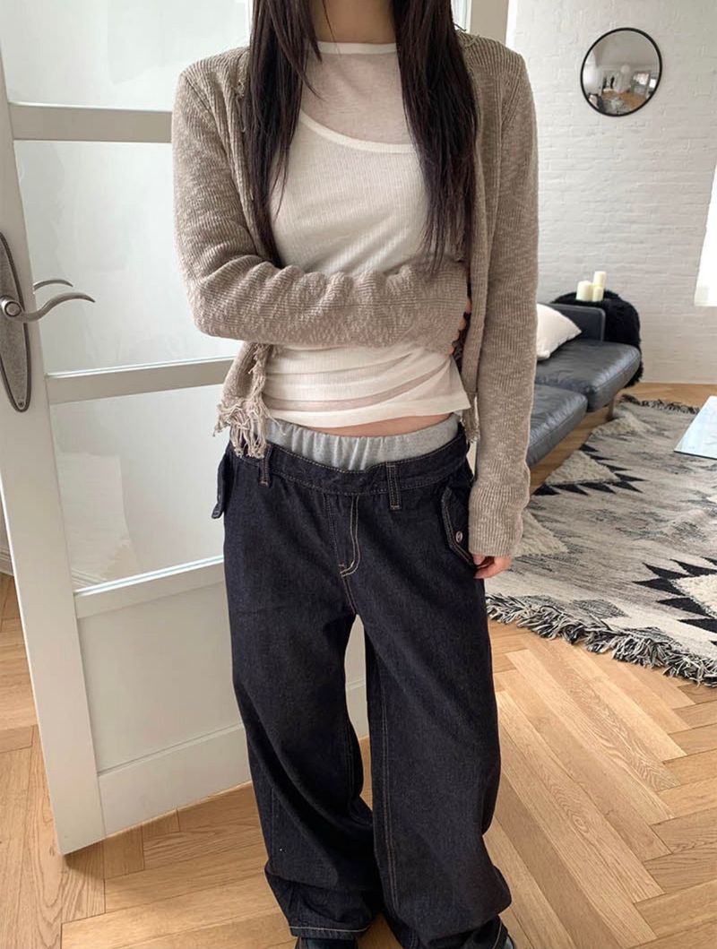 Layered banding denim pants