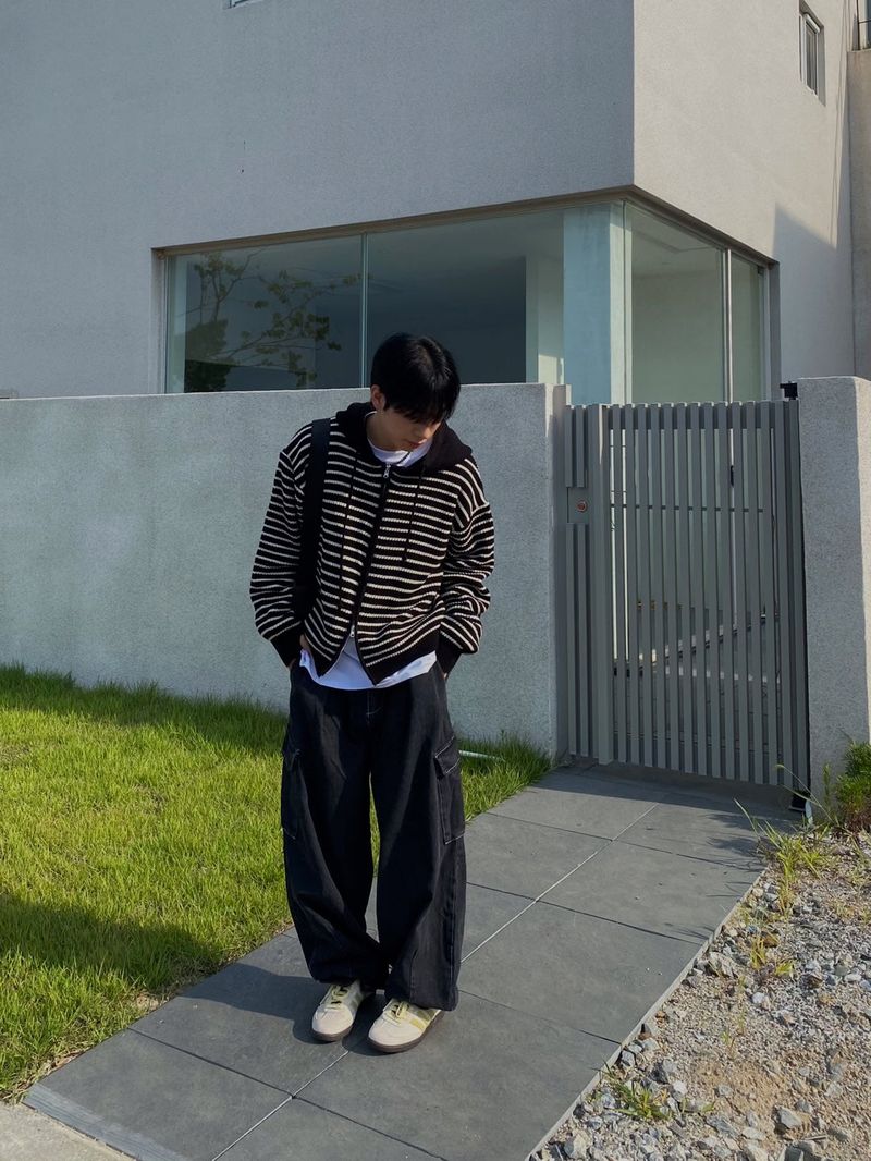 Stripe knit hooded zip up 3C