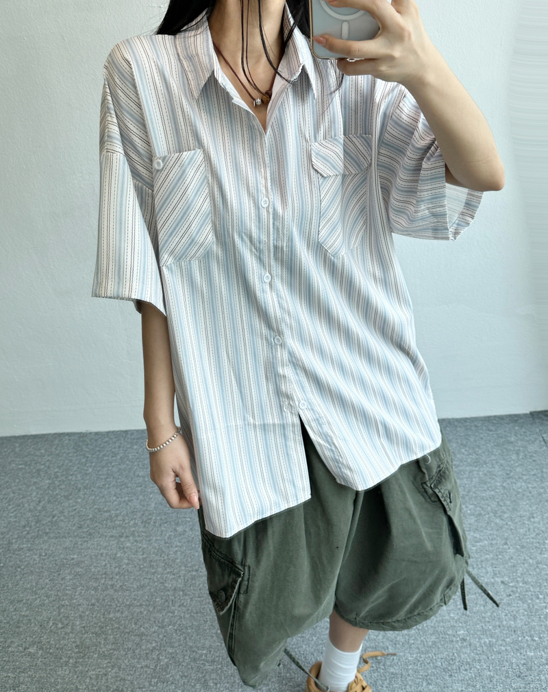 STRIPED STRIPE OVER SHIRT💚💛🤍