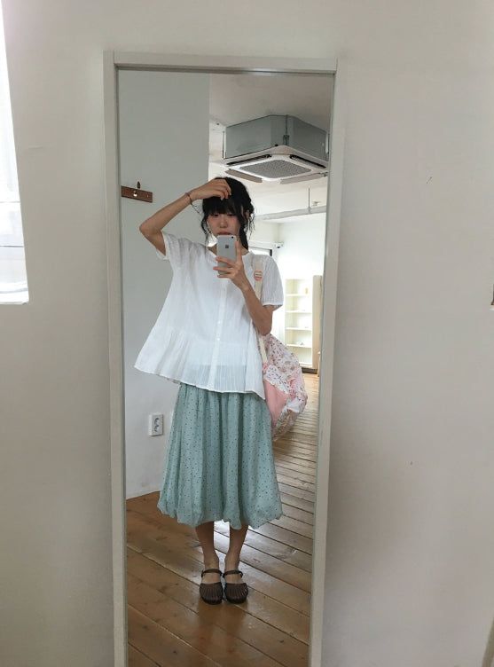 Roden Frill Cotton Balloon Short Sleeve Blouse