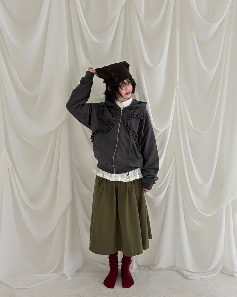 Ribbon Ruffle Hoddie Zip Up