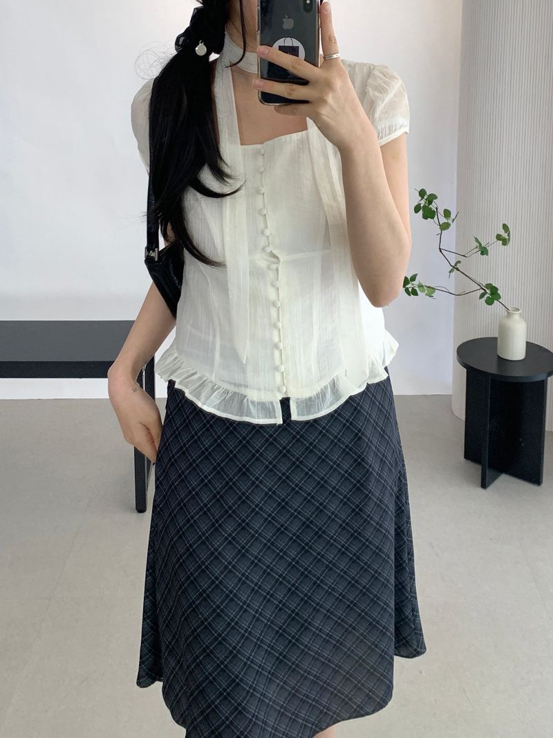 Sovy check flare midi skirt