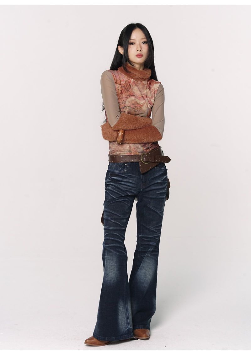 CONFUN Design sense three-dimensional cat whiskers, aged washed flared jeans style