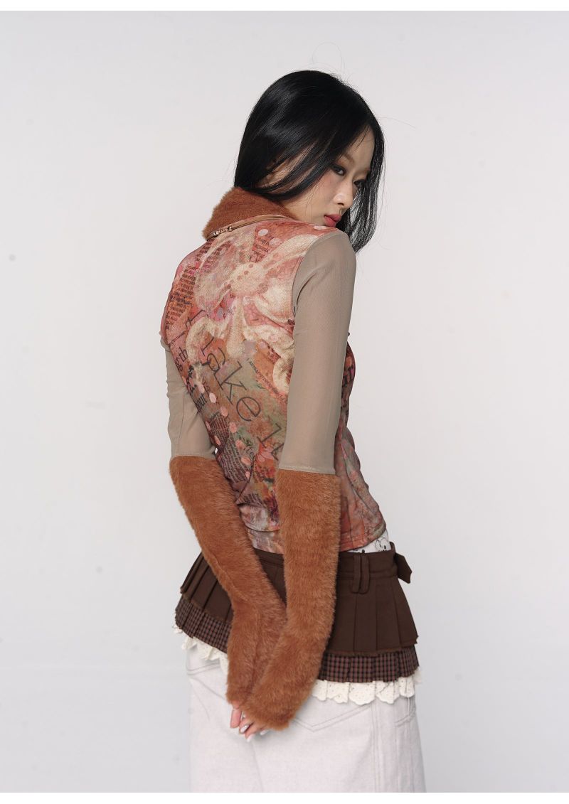 CONFUN original floral orange printed fur patchwork high-neck mesh base
