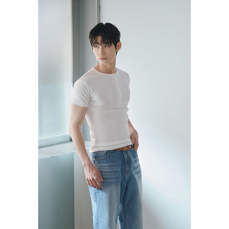 High ribbed henry neck half sleeves(Ivory)