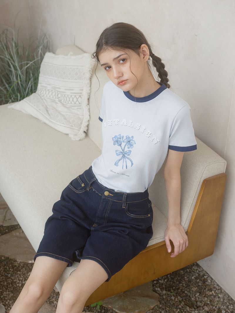 Lily Ribbon Ringer T-shirt (2C) Light Blue