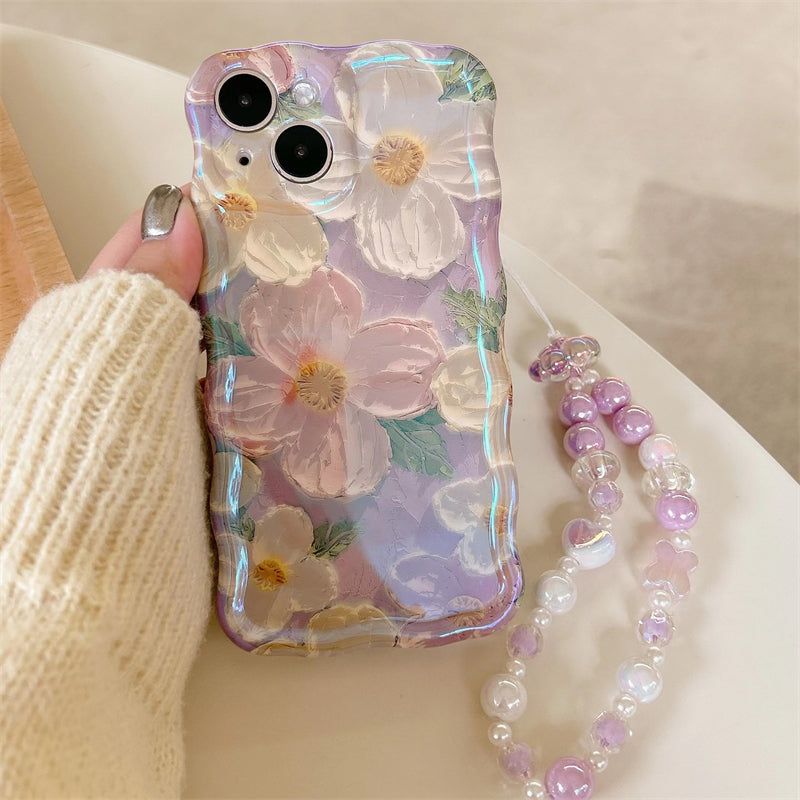 3D Flower Chain Wave Frame iPhone Case with Beaded Wrist Strap