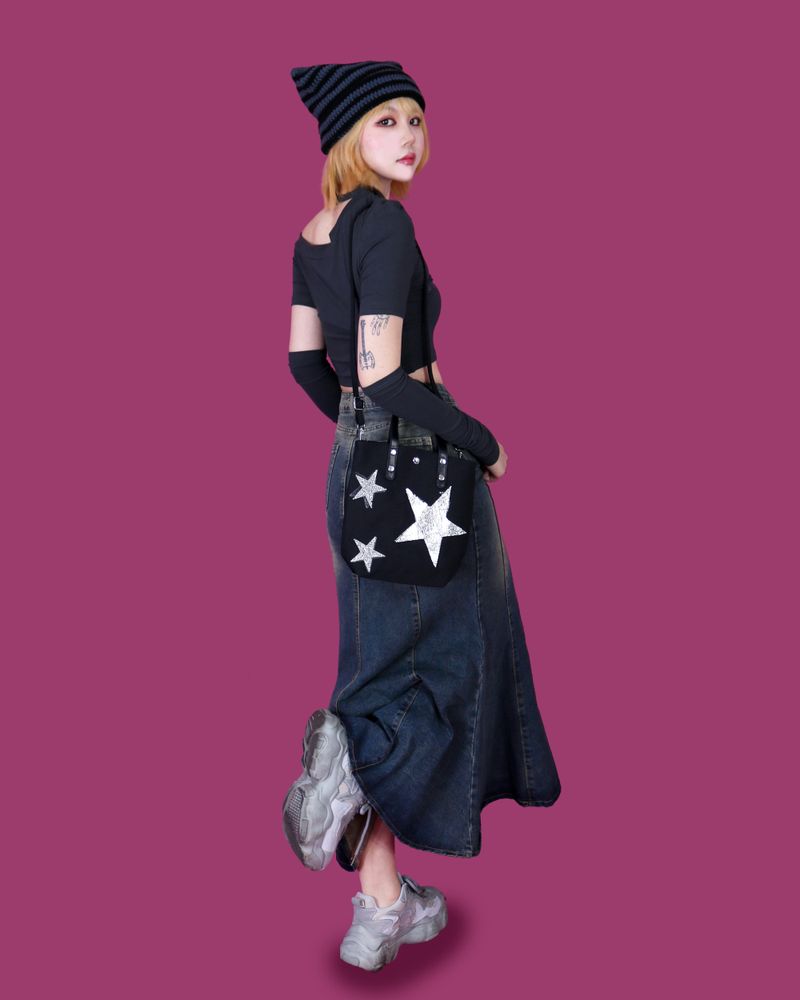 caramel denim long skirt