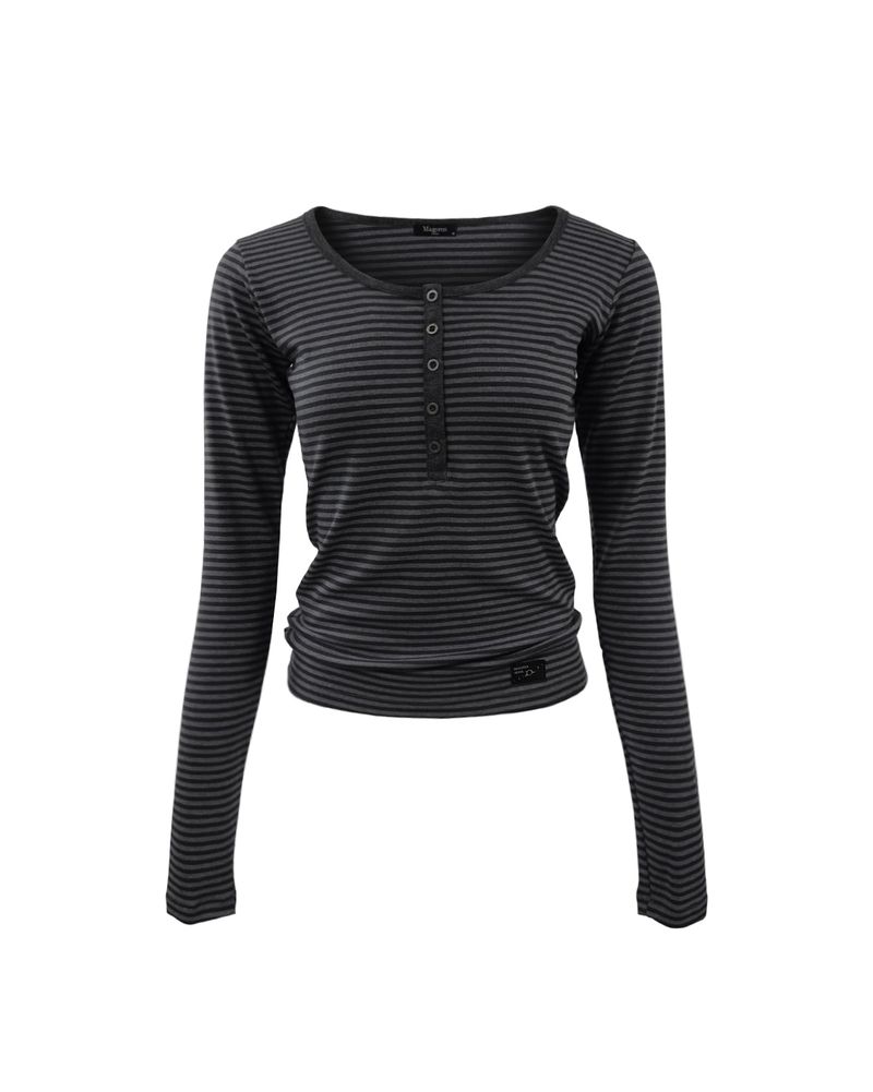 MagoRen SEOUL(マゴレン ソウル)の「Henry Neck Long Sleeve Stripe Charcoal(Tops)」
