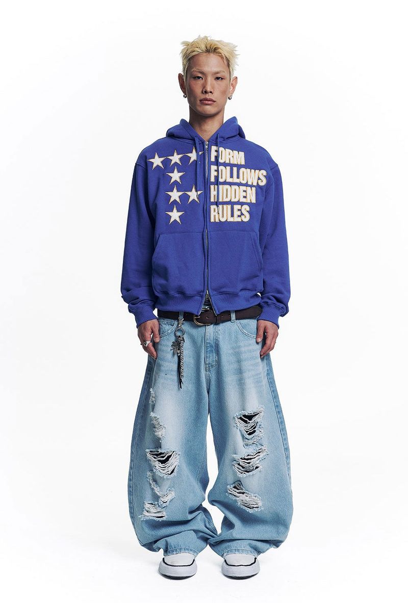 Star Lettering Patch Hoodie Zip-Up - Blue