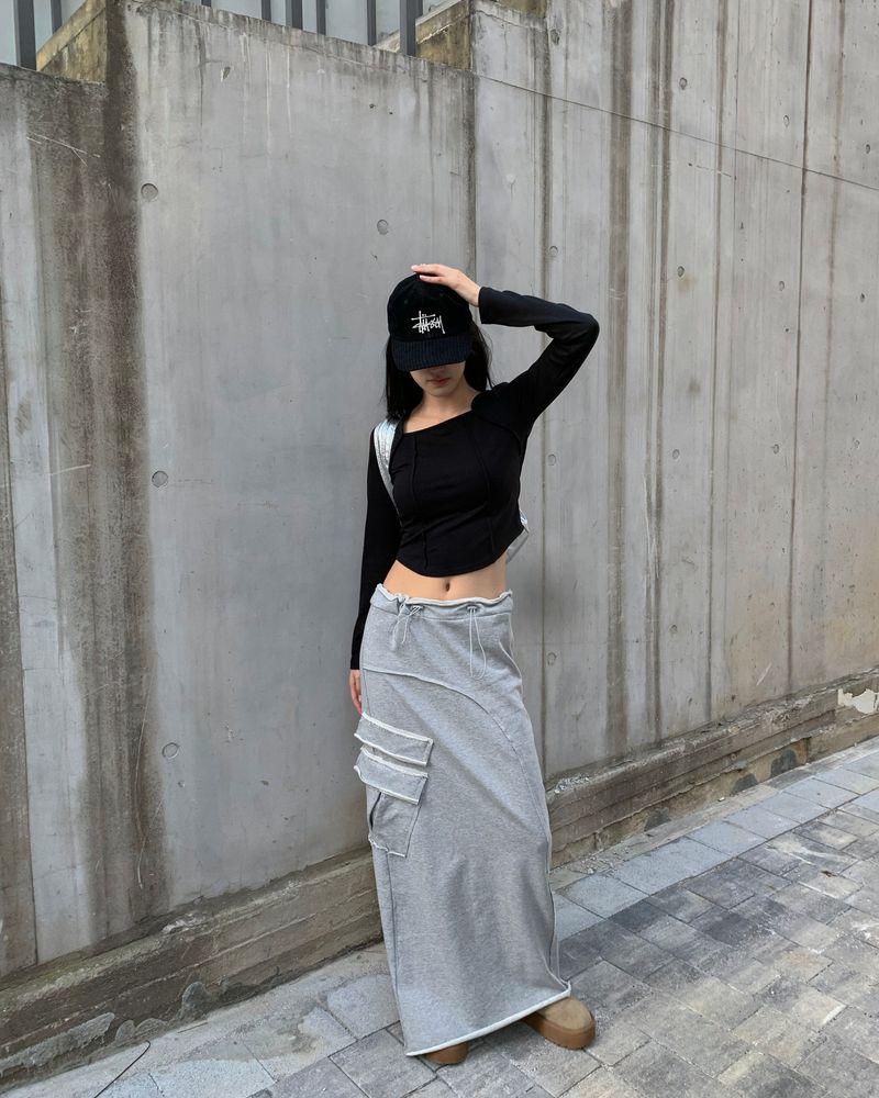 String pocket long cotton skirt