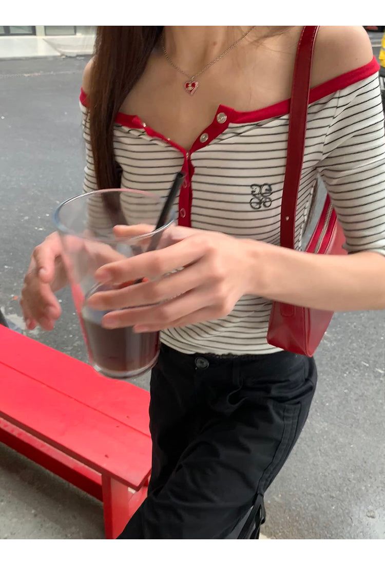 Red Line Stripe Off-Shoulder Top
