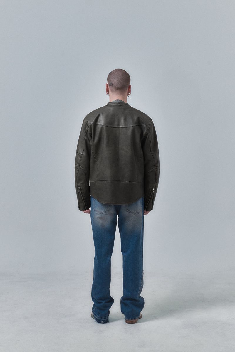 BIKER WASHING LEATHER JAKET L1 (KHAKI)