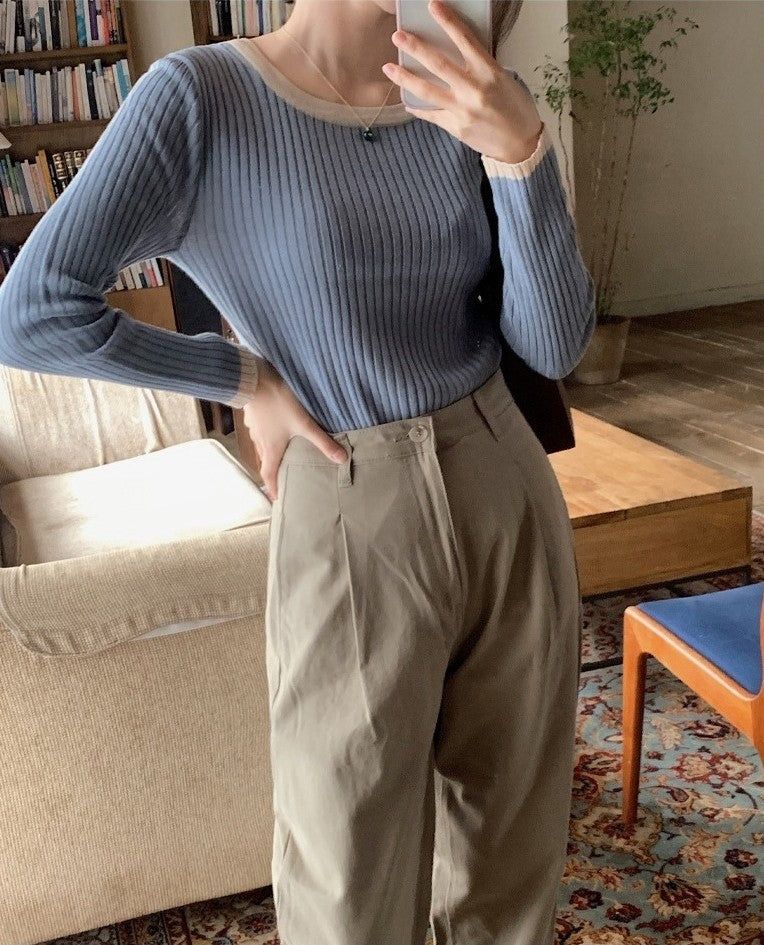 Slim Two Tone U-neck Rib Knit (6color)