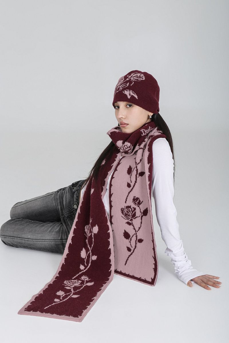 ROSE JACQUARD BEANIE #WINE