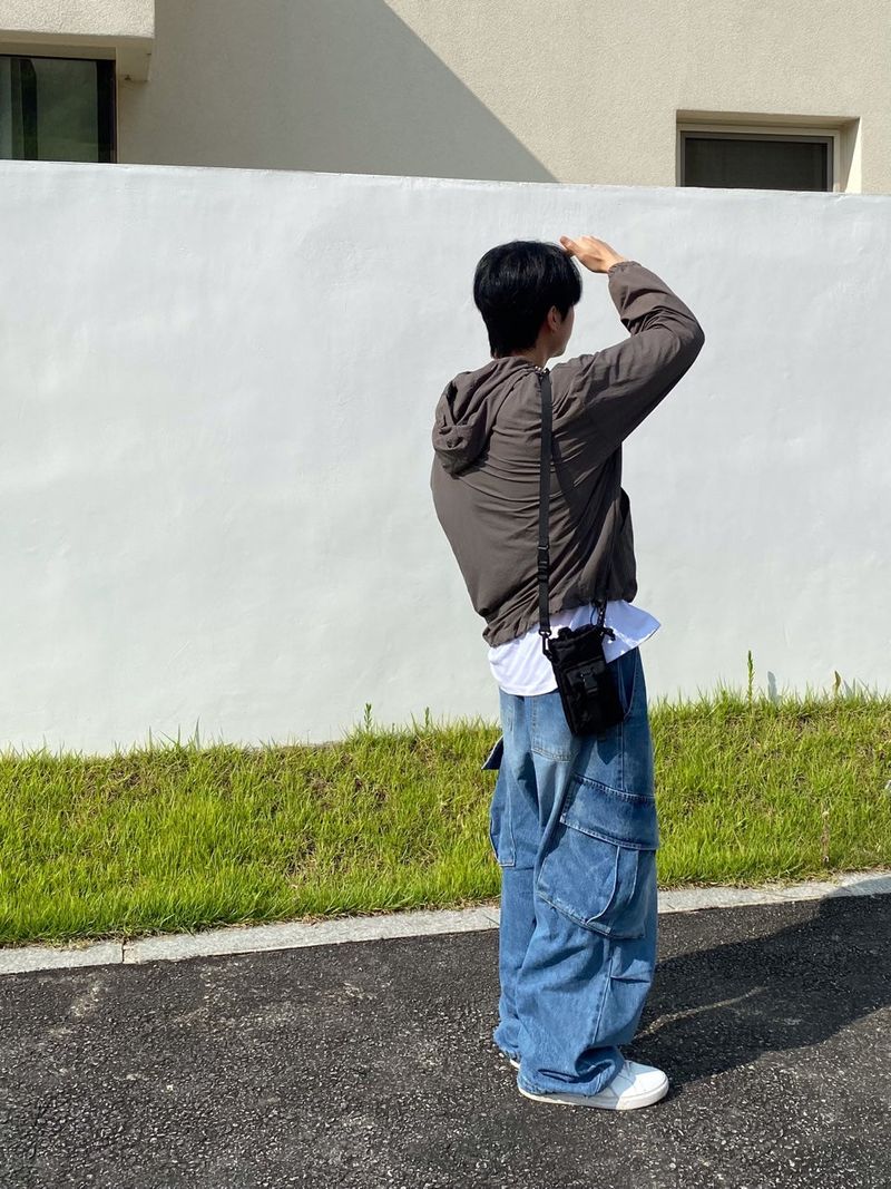 Washing diagonal balloon cargo denim pants 2C