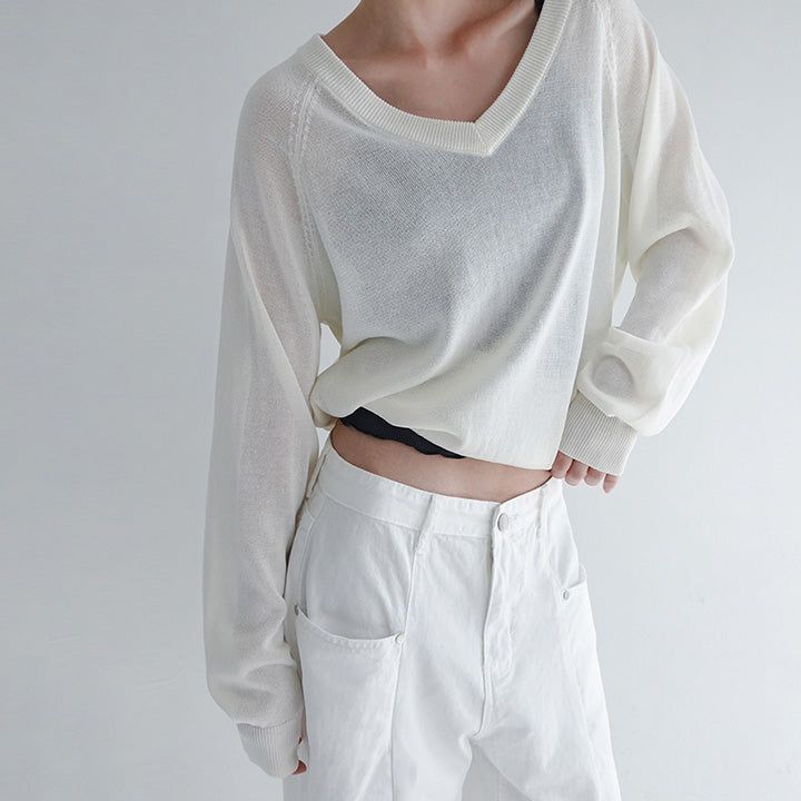 [Ahenty] linen V-neck see-through knitwear -5color