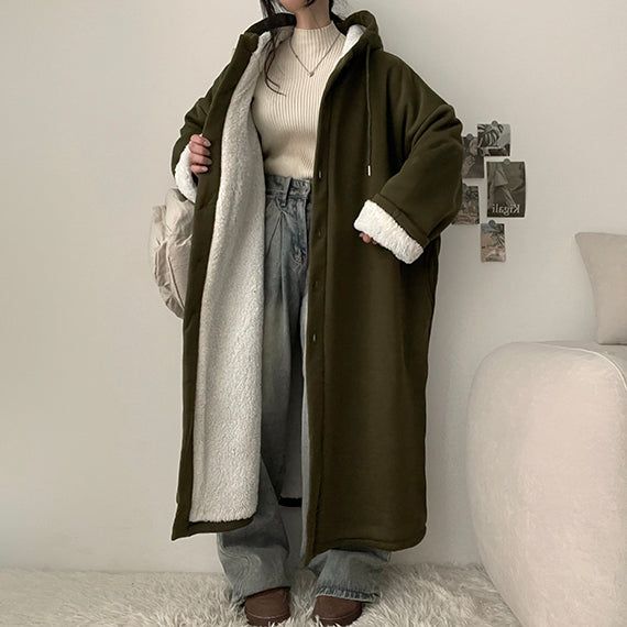 Jeanne Fur Wool Lining Big Boxy Hooded Coat