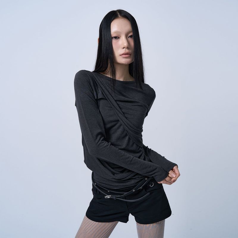 TWIST DRAPE LONG SLEEVE TOP (MELANGE BLACK)
