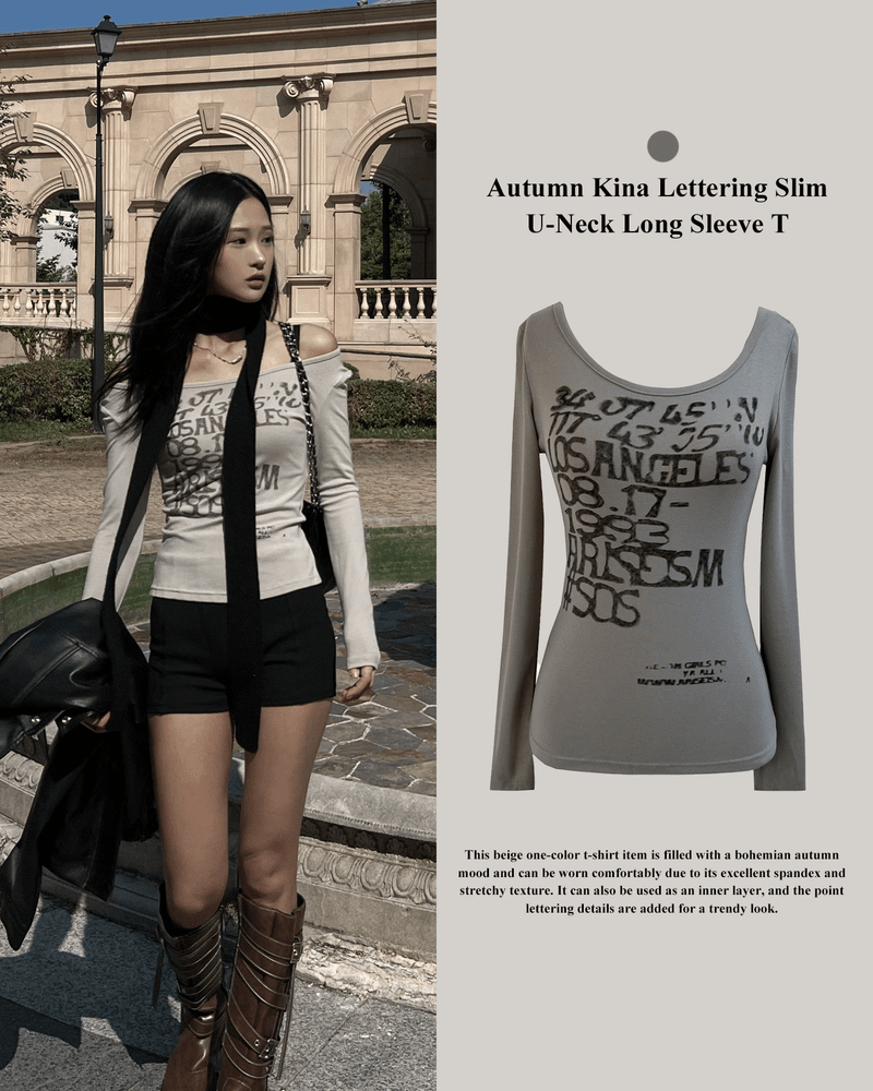 GUSTA（グスタ）の「Autumn Kina Lettering Slim U-Neck Long Sleeve T (Beige)（Tops）」
