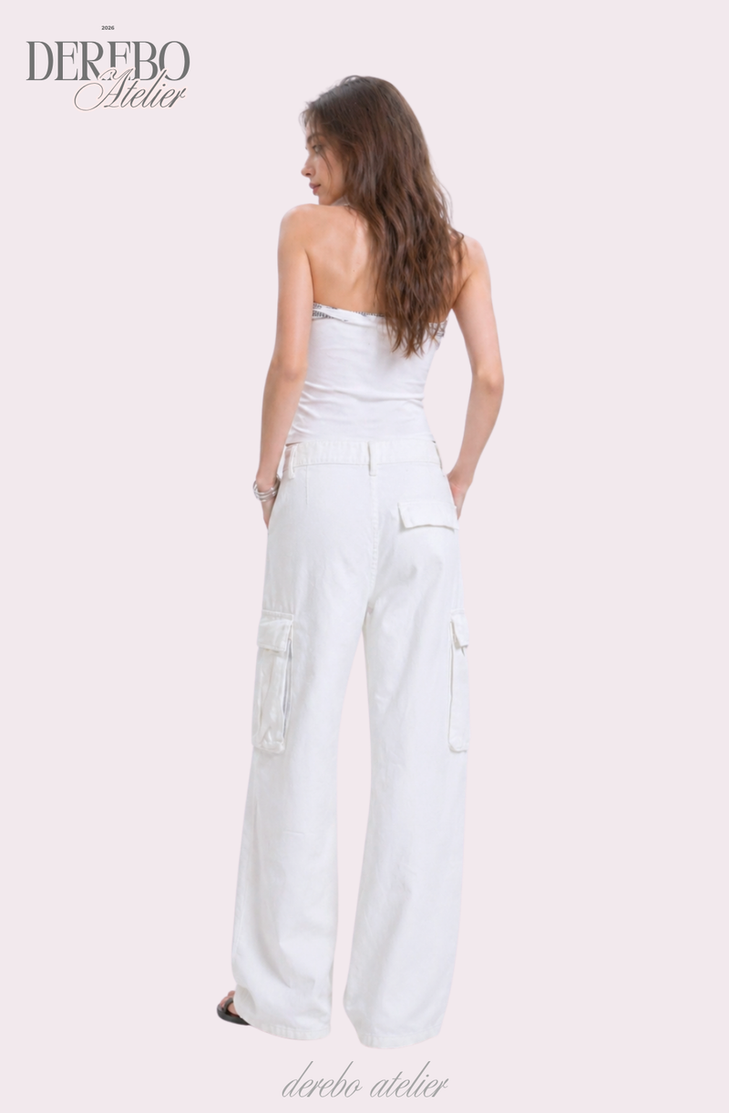 white wide pocket cotton casual pants