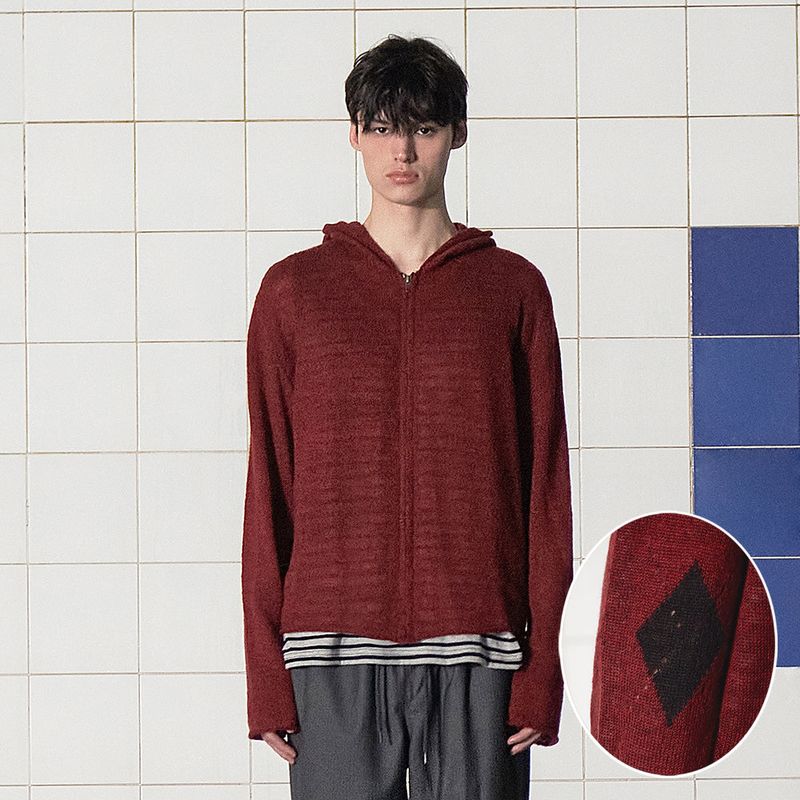 UNALLOYED(アナロイド)の「ARGYLE ELBOW KNIT ZIP-UP HOODIE / BURGUNDY(Tops)」