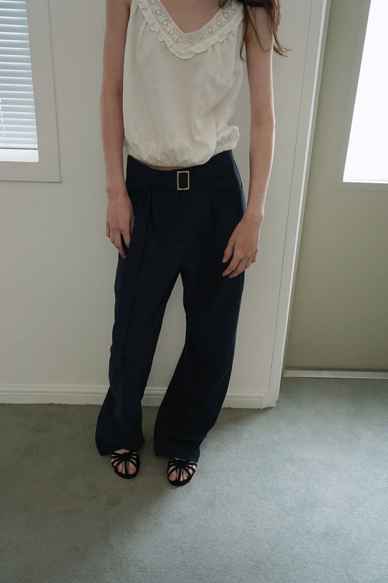 Linen belted pants_navy