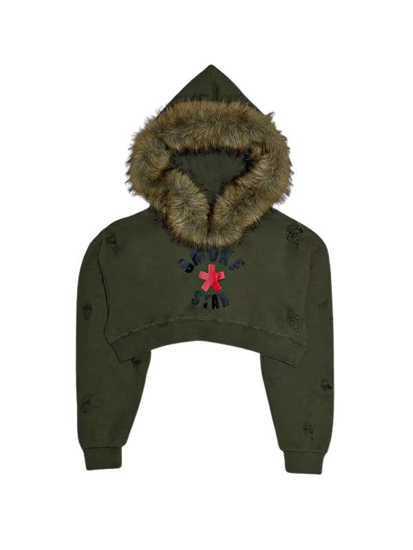 SMOKEASTAR(スモークアスター)の「Destroyed Fur Half Crimson Hoodie (KHAKI)(Tops)」