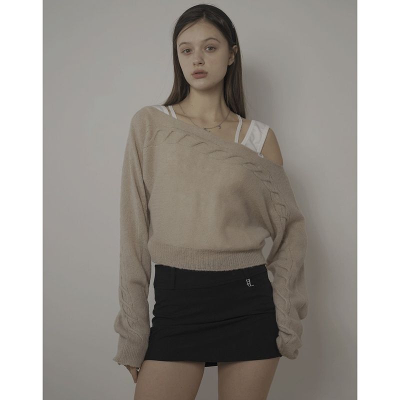 CABLE BOAT NECK KNIT-BEIGE