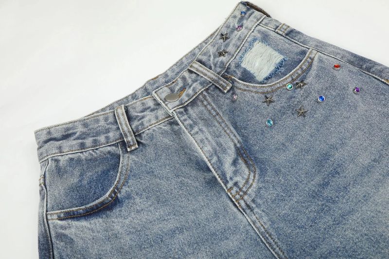 Star Stud Distressed Wide Denim Pants