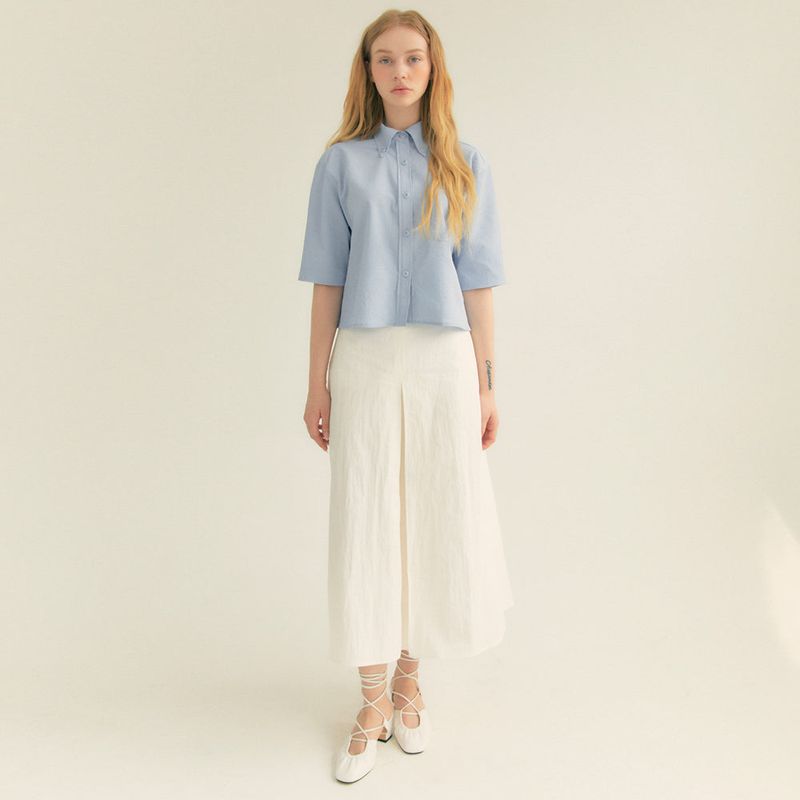 Stripe Wrinkle Pocket Crop Shirt (Light blue)