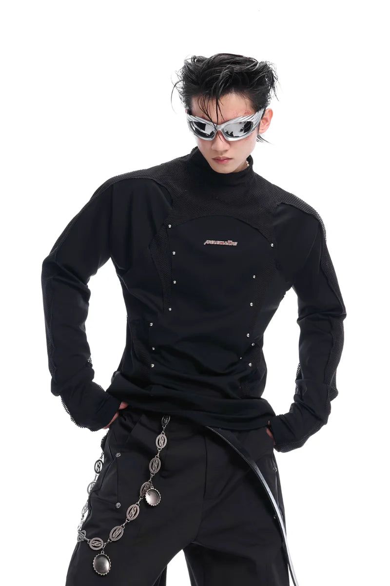 Deconstructed Mesh Panel Studded Turtleneck Tee